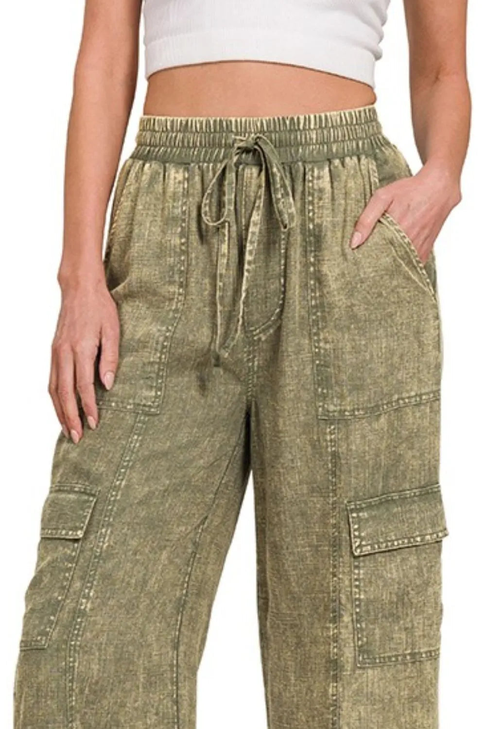 Dames Cargo Broek van Gewassen Linnen met Elastische Tailleband 1