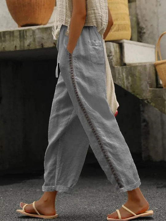 Dames Cropped Broek van Katoen en Linnen met Stiksels 2