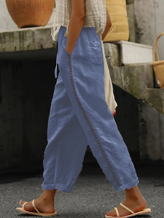Dames Cropped Broek van Katoen en Linnen met Stiksels 3