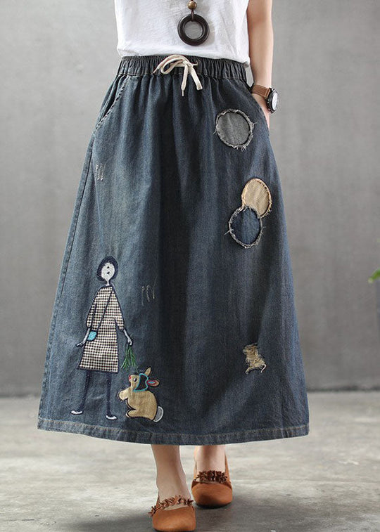 Dames Denim Rok met Elastische Taille en Geborduurde Details 3