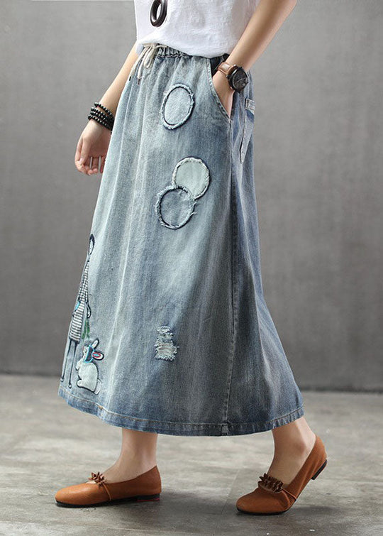 Dames Denim Rok met Elastische Taille en Geborduurde Details 4