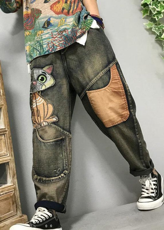 Dames Harem Jeans met Cat Borduursel en Patchwork Casual Style 1