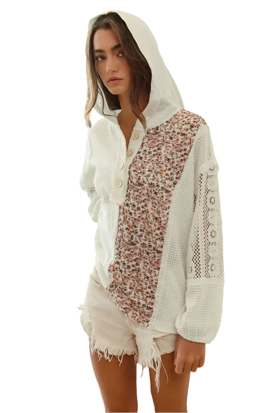 Dames Hoodie Top Knoop Kantdetail Slub Jersey 0