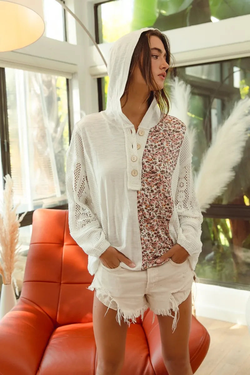 Dames Hoodie Top Knoop Kantdetail Slub Jersey 5