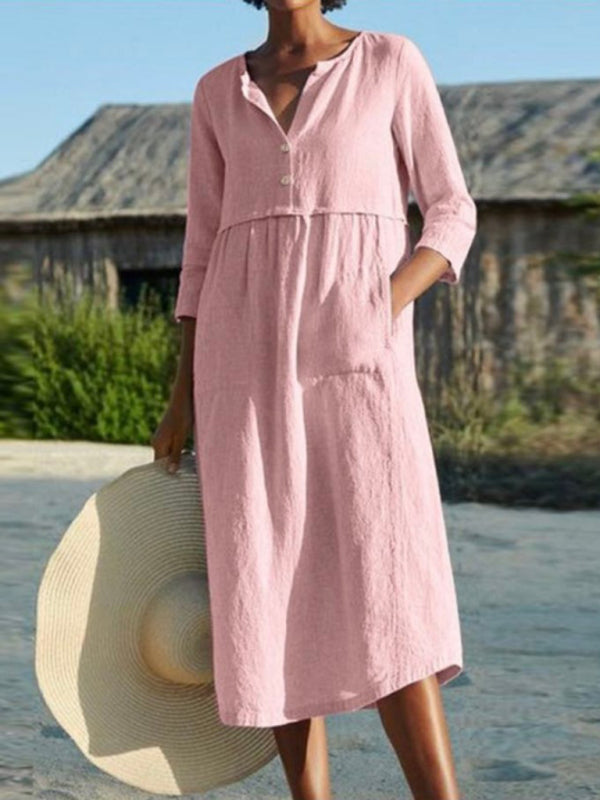 Dames Jurk Lange Mouw Ronde Hals Katoen en Linnen Casual Zomerjurk 1