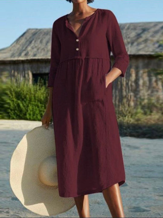 Dames Jurk Lange Mouw Ronde Hals Katoen en Linnen Casual Zomerjurk 4