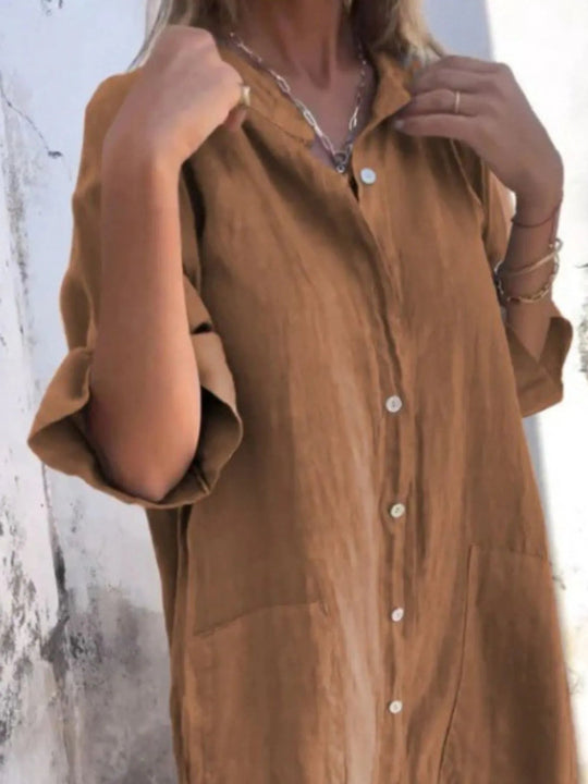 Dames Jurk Linnen Look Knopjurk Casual Met V-hals en Zakken 12