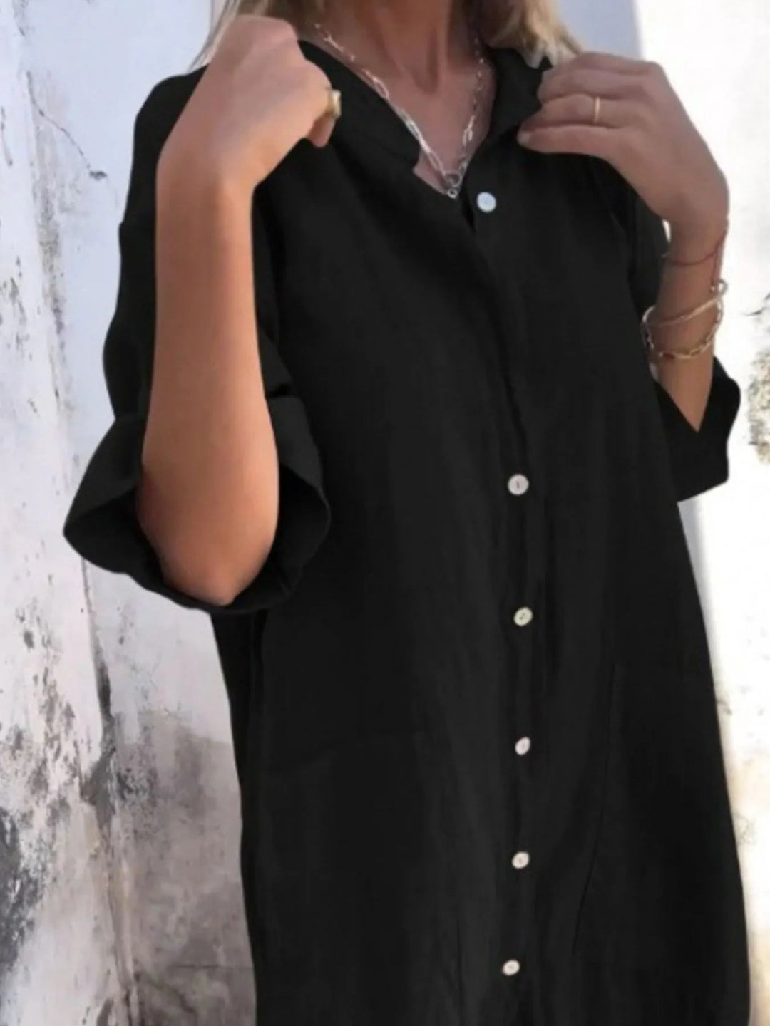 Dames Jurk Linnen Look Knopjurk Casual Met V-hals en Zakken 3
