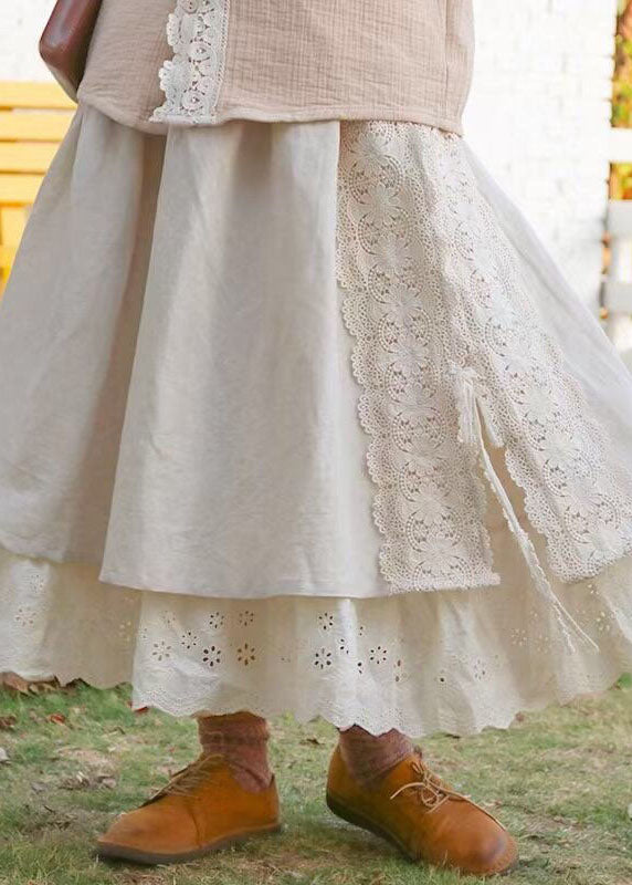 Dames Kaki Lente Rok met Kanten Patchwork 4