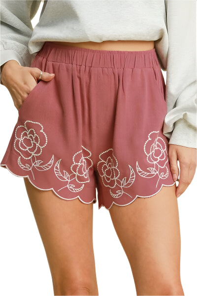 Dames Korte Broek Linnenmix met Bloem Borduurdetails 0