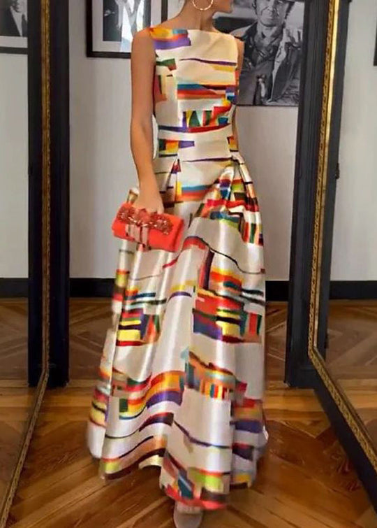 Dames Lange Jurk Met Hoge Taille en Witte Print 0