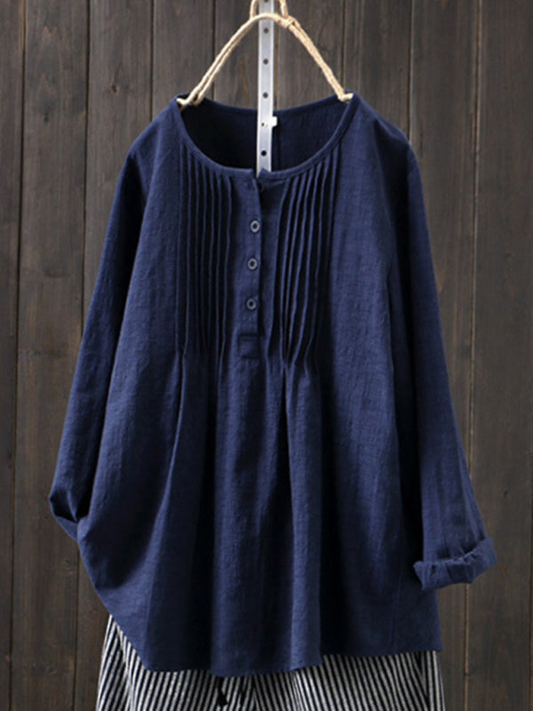 Dames Langsleeve Shirt Ronde Hals Geplooid Katoen Linnen 4
