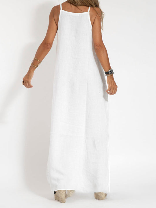 Dames Maxi Jurk Spaghetti Bandjes Katoen-Linnen met Split voor Zomer 6