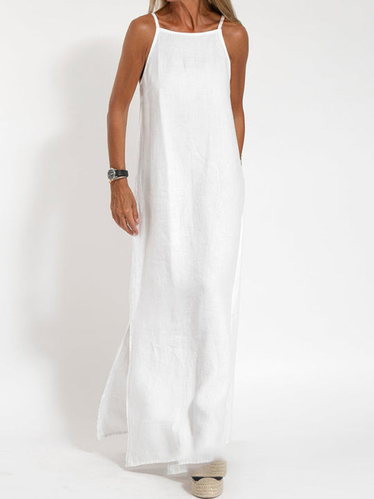 Dames Maxi Jurk Spaghetti Bandjes Katoen-Linnen met Split voor Zomer 7