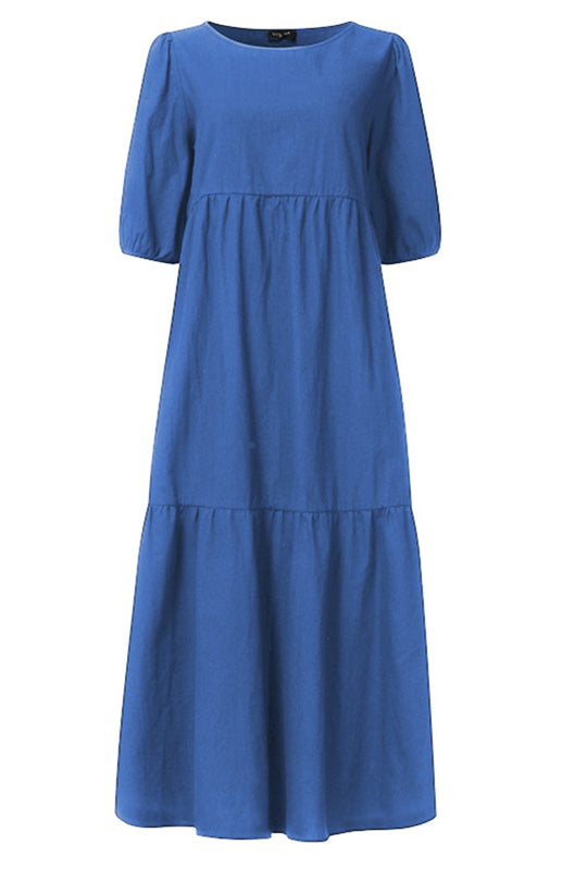 Dames Midi Jurk Met Ronde Hals En Pofmouwen Van Linnenmix 2