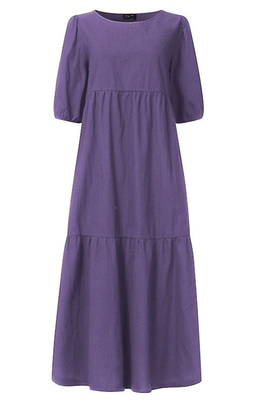 Dames Midi Jurk Met Ronde Hals En Pofmouwen Van Linnenmix 4