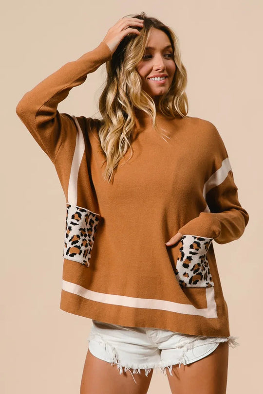 Dames Mock Neck Trui met Luipaardprint Zak 5