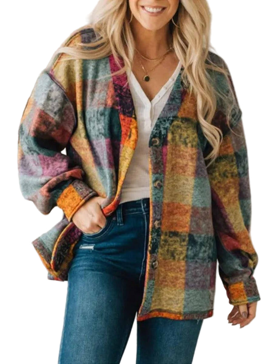 Dames Oversized Fleece Jas met Western Ruitpatroon 0