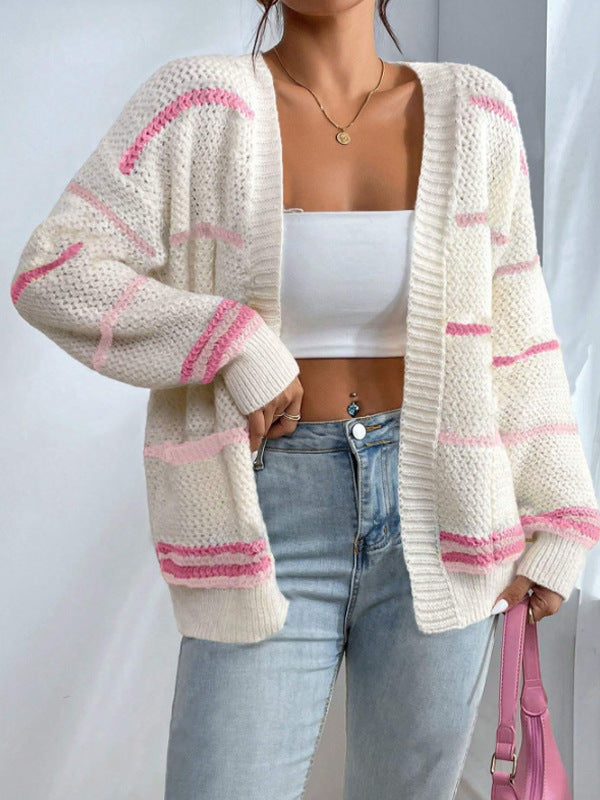 Dames Oversized Gebreide Cardigan met Gestreepte Open Voorzijde 3