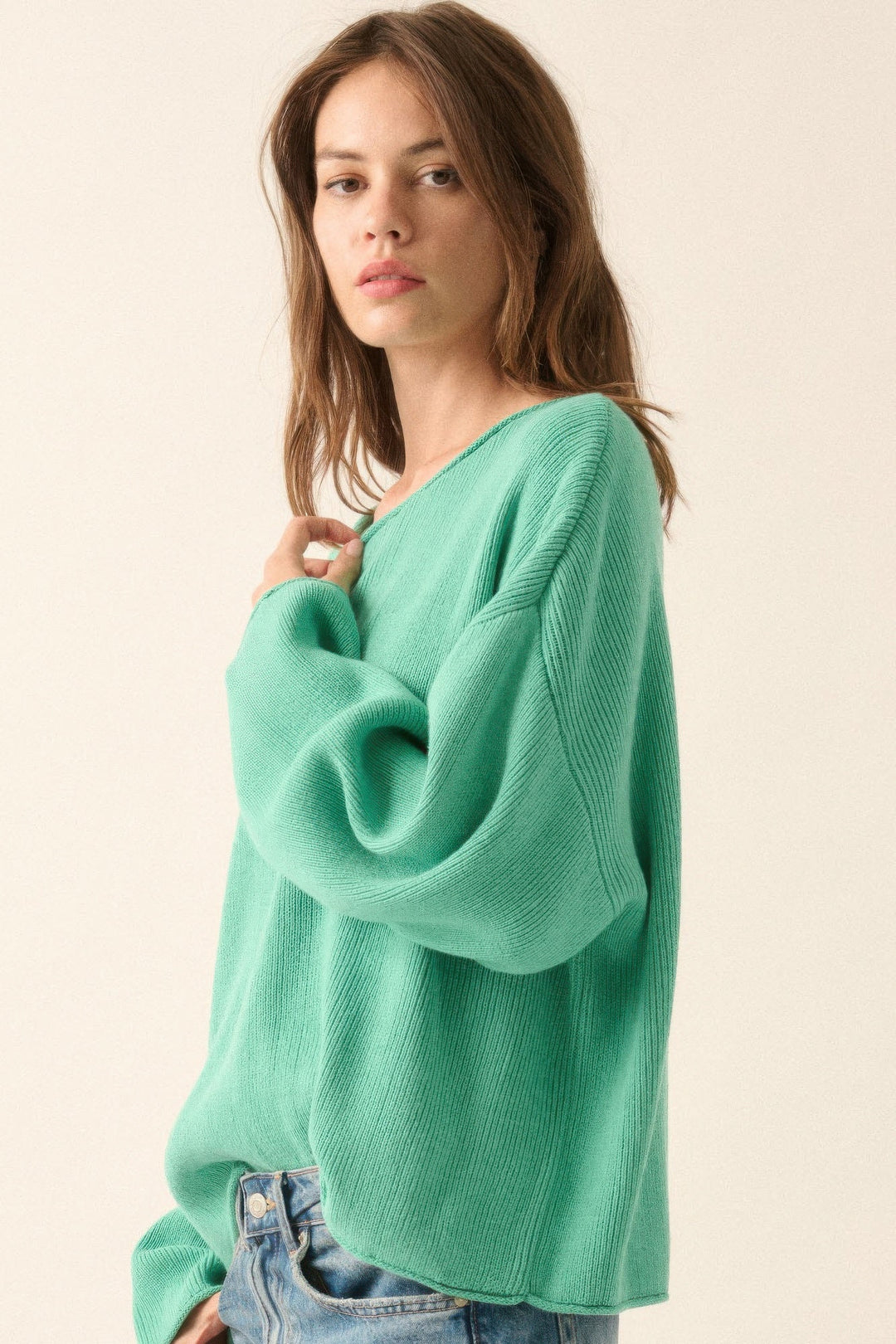 Dames Oversized Trui Ribgebreid Boothals 3