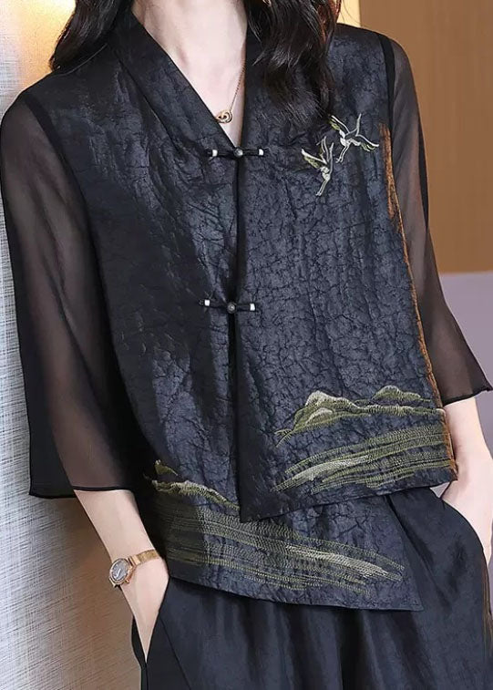 Dames Retro V-hals Patchwork Jas met Chinese Knopen 1