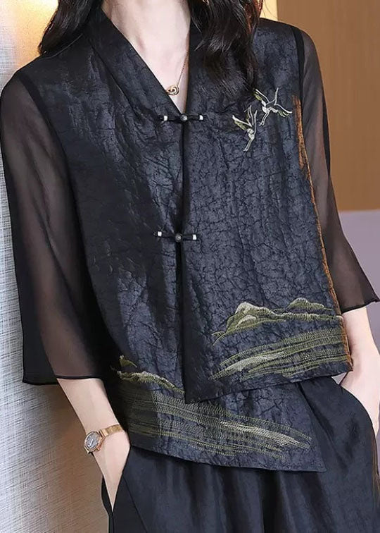 Dames Retro V-hals Patchwork Jas met Chinese Knopen 1