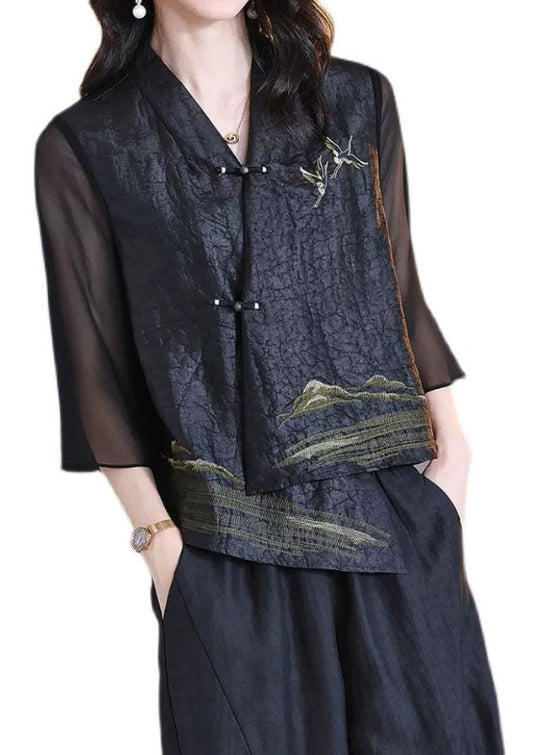 Dames Retro V-hals Patchwork Jas met Chinese Knopen 4