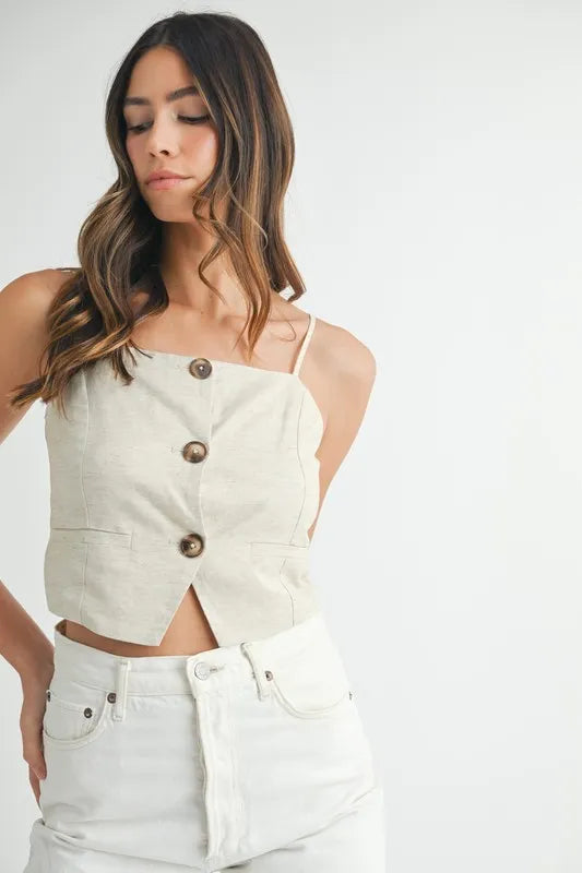 Dames Tanktop Met Knoopsluiting Van Linnenmix 1