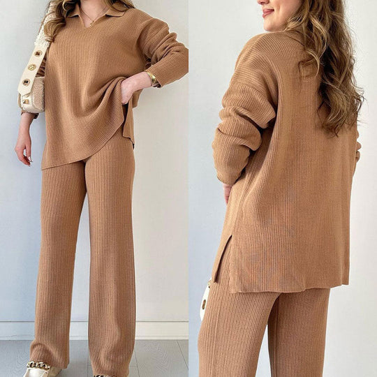 Dames Twee-delen Set V-hals Stijlvol met Brede Broek 7