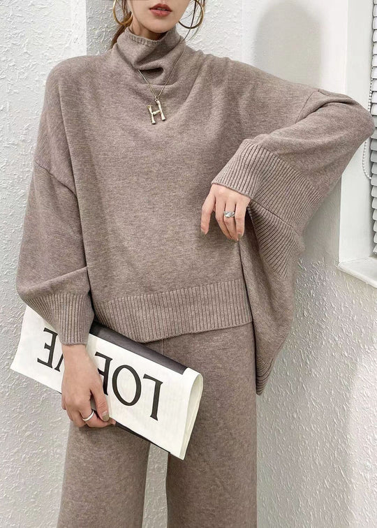 Dames Tweedelige Set Camel Kleurige Trui en Broek met Wijde Pijpen 3