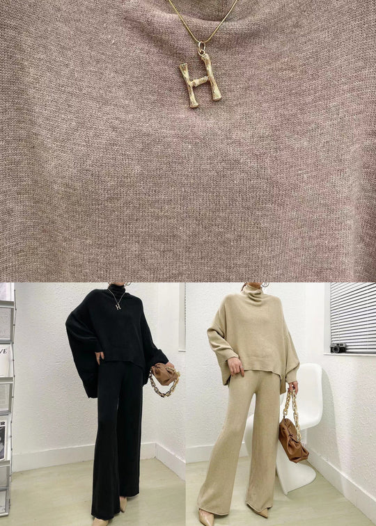Dames Tweedelige Set Camel Kleurige Trui en Broek met Wijde Pijpen 4