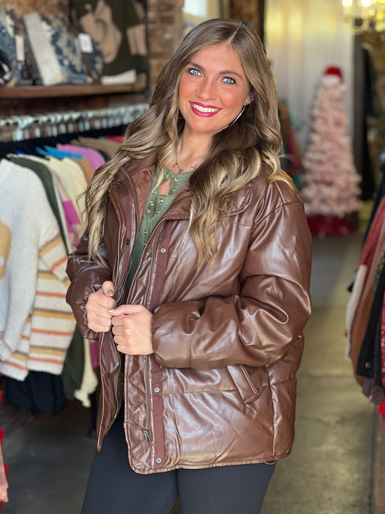 Dames Winterjas Puffer Leer Chocolade Met Ritssluiting 1