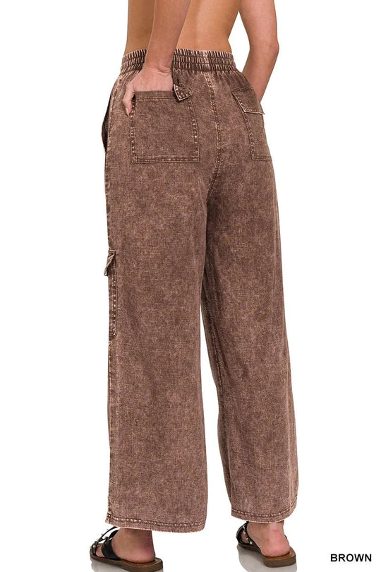 Heren Cargo Broek Met Elastische Tailleband Van Gewassen Linnen 1