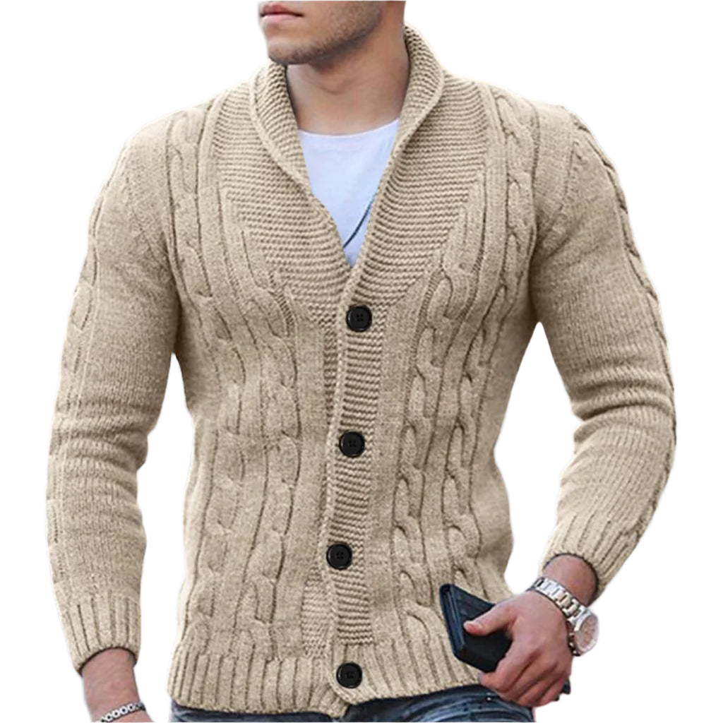 Heren Kabelgebreide Cardigan Wolmix Met Sjaalkraag 0