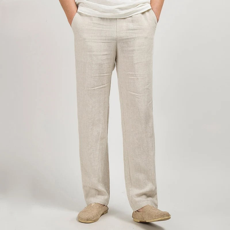 Heren Linnen Broek Relaxed Rechte Pasvorm Ademend Lichtgewicht 0
