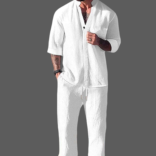 Heren Loungewear Set V-hals Lange Mouwen Katoen Linnen Mix 0