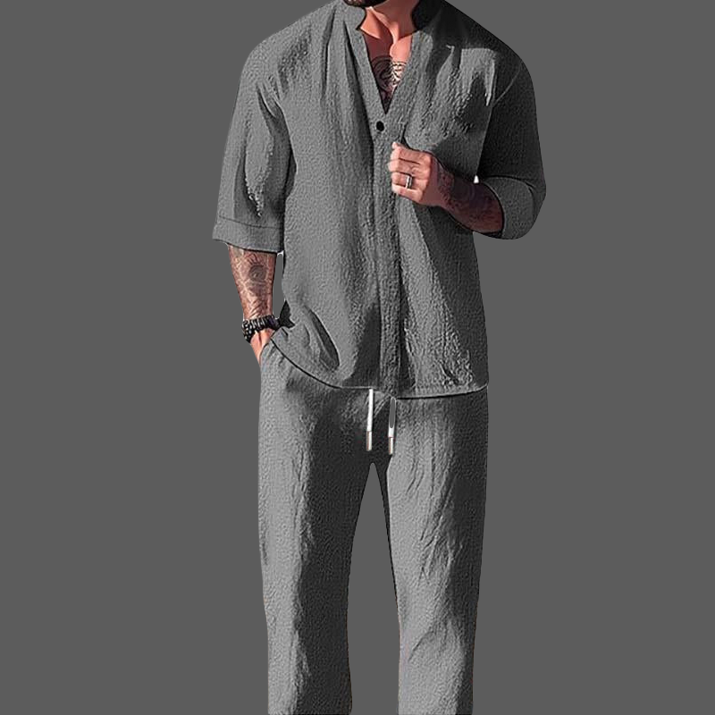 Heren Loungewear Set V-hals Lange Mouwen Katoen Linnen Mix 2