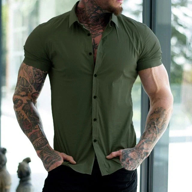 Heren Overhemd Korte Mouwen Slim Fit Modern 3