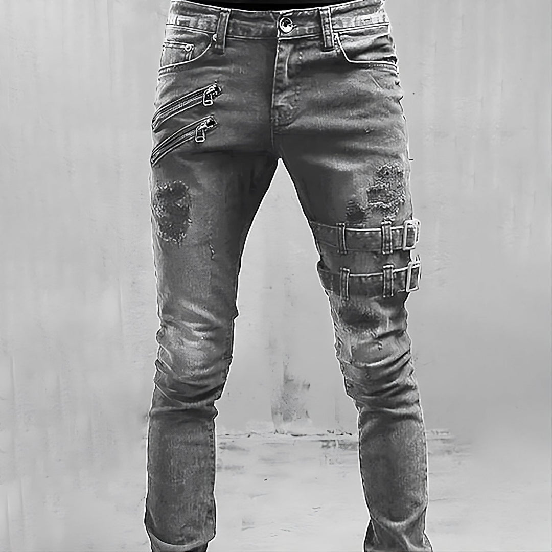 Heren Spijkerbroek Met Gespen En Ritsen - Stoere Denim Broeken 2