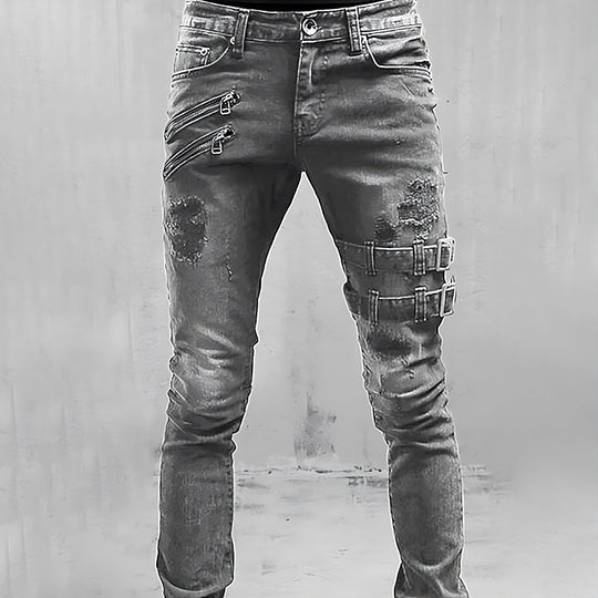 Heren Spijkerbroek Met Gespen En Ritsen - Stoere Denim Broeken 2