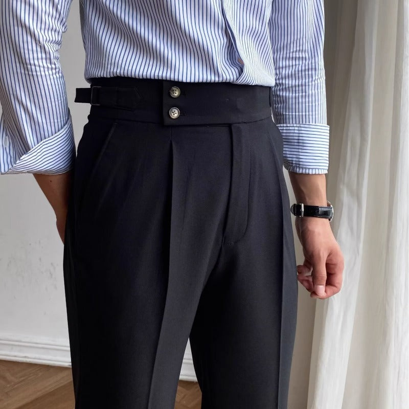 Heren Tailored Broek Hoog Taille Geplooide Voorkant 4