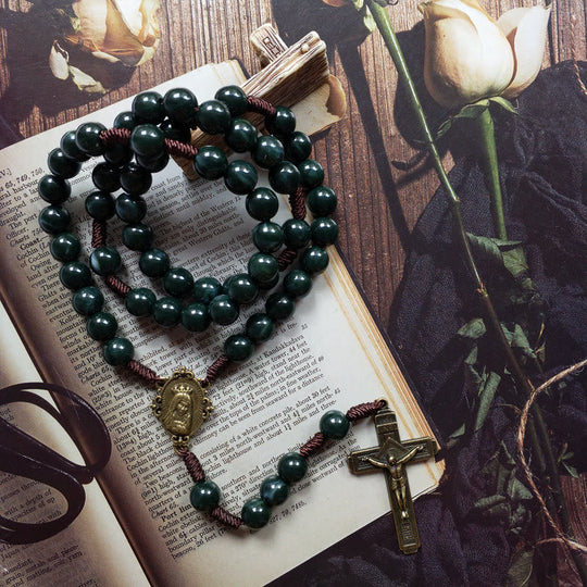 Heren en Dames Rozenkrans Ketting met Medaille en Mosagaat Design 3