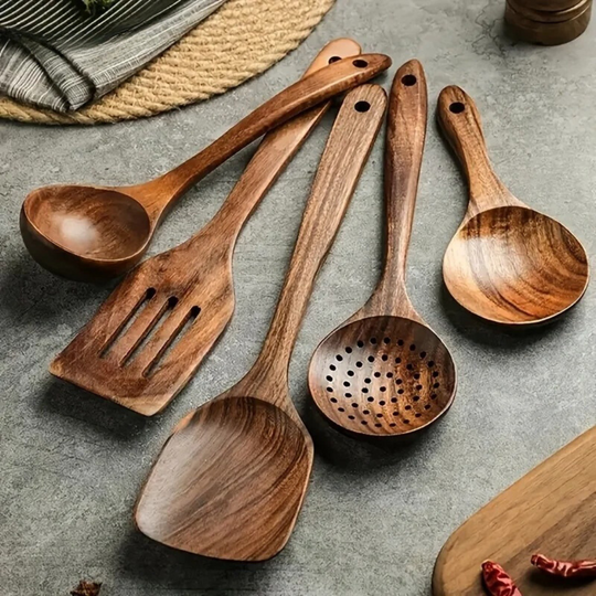 Houten Pannenset 5-delig voor Koken en Serveren 2