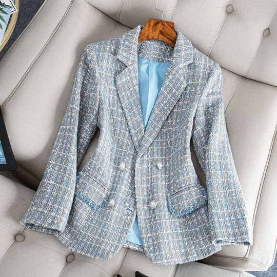Zwarte Blazer Dames Tailored Fit Tweed Dubbelgeknoopt 1