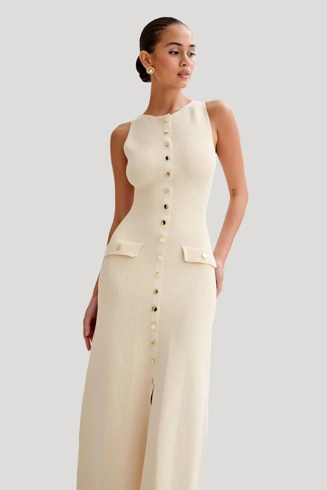 Dames gebreide mouwloze bodycon jurk met knopen