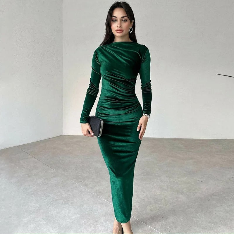 Dames fluwelen midi-jurk met lange mouwen