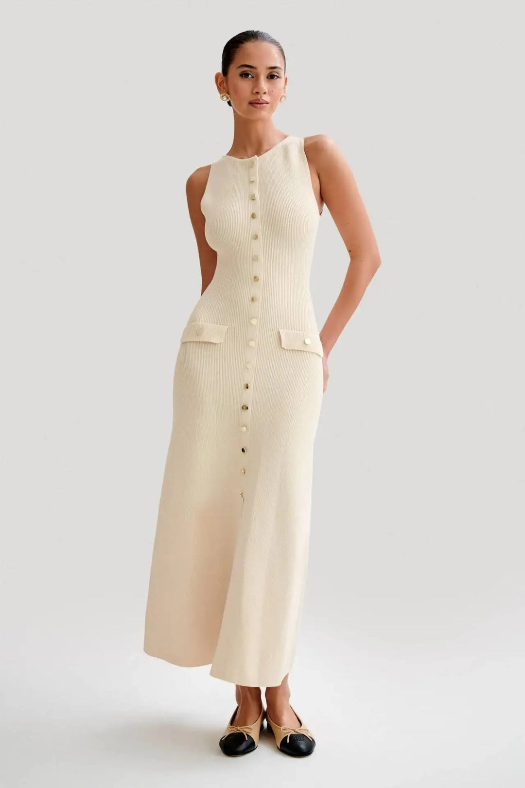 Dames gebreide mouwloze bodycon jurk met knopen