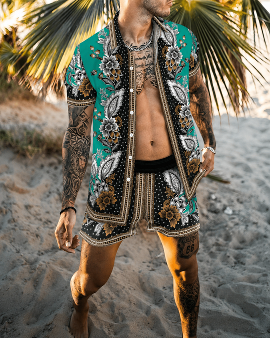 Heren Zomerset 3D Patchwork Design met Korte Mouwen en Comfortabele Shorts