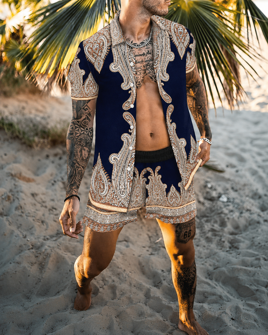 Heren Zomerset 3D Patchwork Design met Korte Mouwen en Comfortabele Shorts
