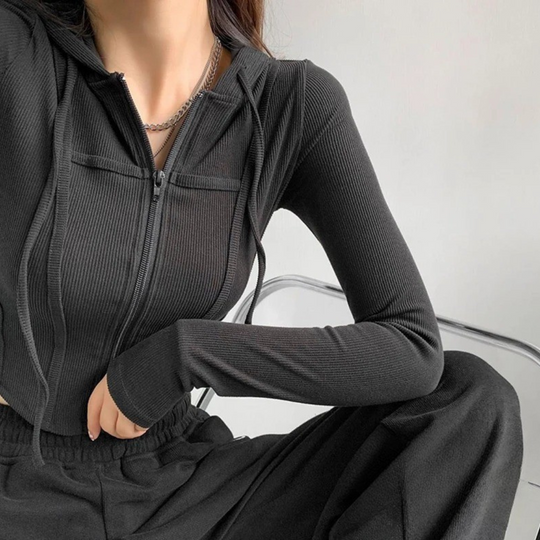 Dames Zip Up Crop Fitted Hoodie